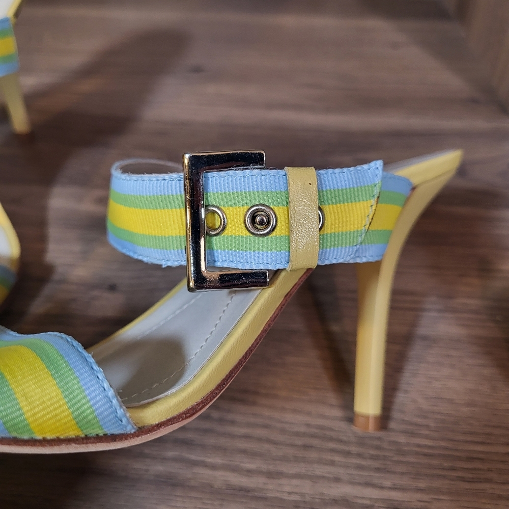 BCBGirls Bizarre Women's 8.5 Summer Stripes slip on Buckle sandal Heels Leather - Picture 2 of 13